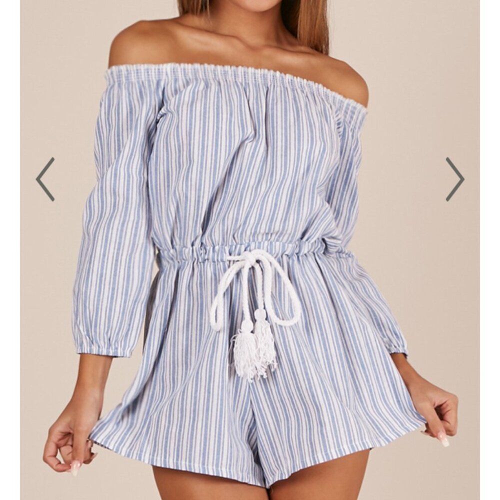Showpo The Hidden Heart Playsuit off shoulder smocked chambray stripe AUS 8 0883